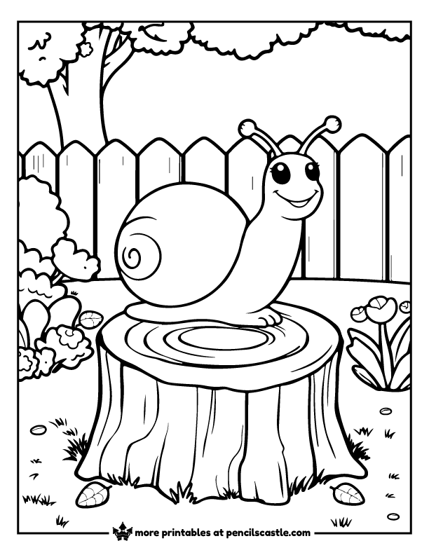 Snail perched on a round wooden stump in the yard coloring sheet