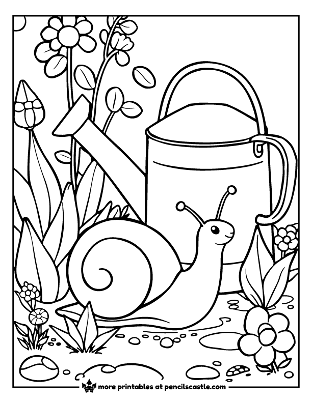 Snail next to a watering can in a garden coloring page