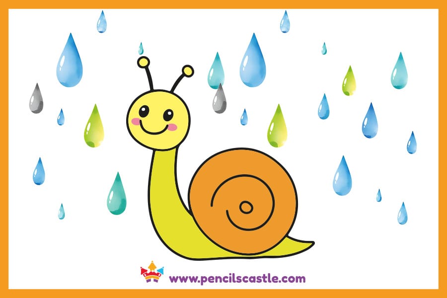 Snail drawing surrounded by raindrops