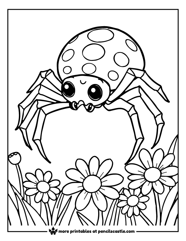 spider crawling near daisies coloring sheet