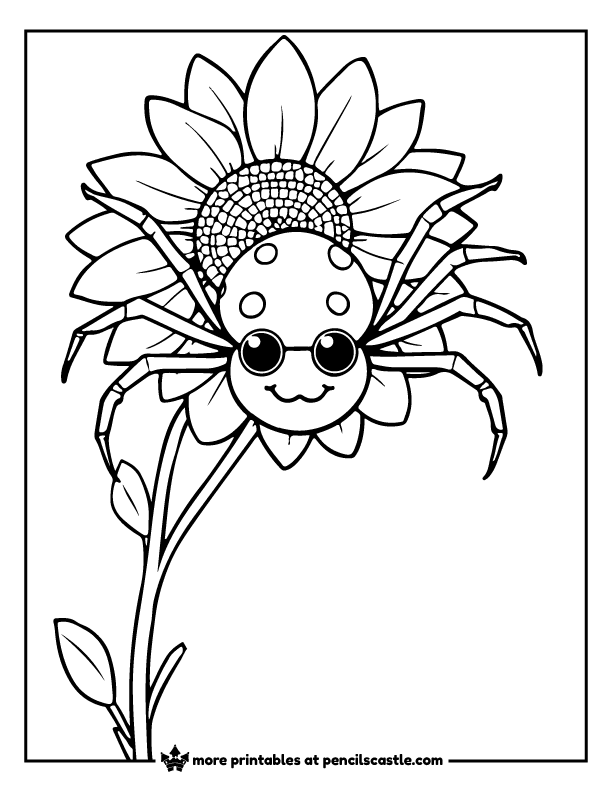smiling spider sitting on a sunflower coloring page