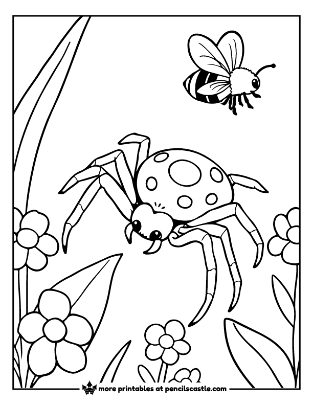 spider near a bee hovering over flowers coloring page