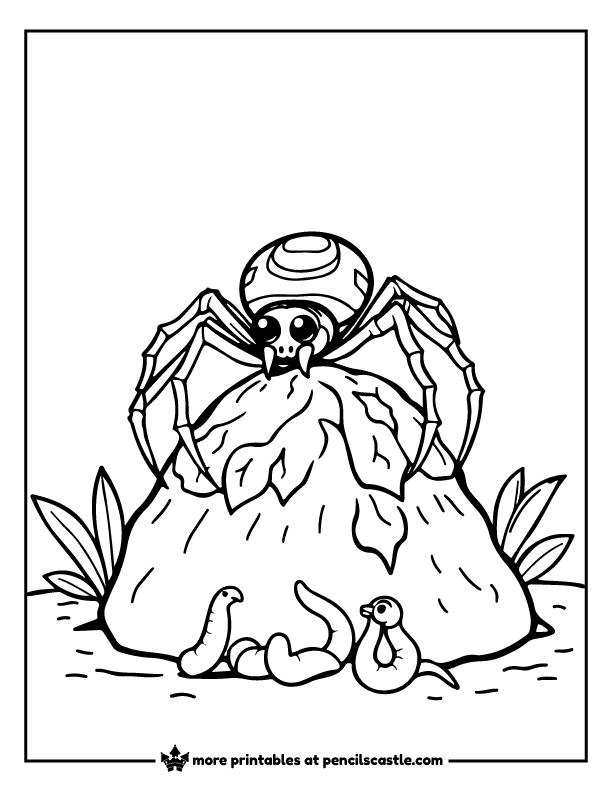 spider sitting on a compost pile with worms coloring sheet
