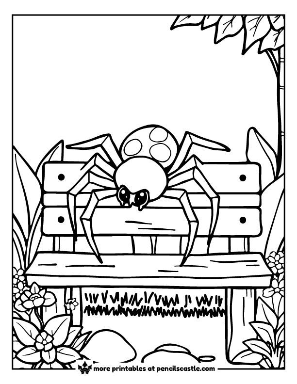 spider rests on a wooden garden bench coloring page