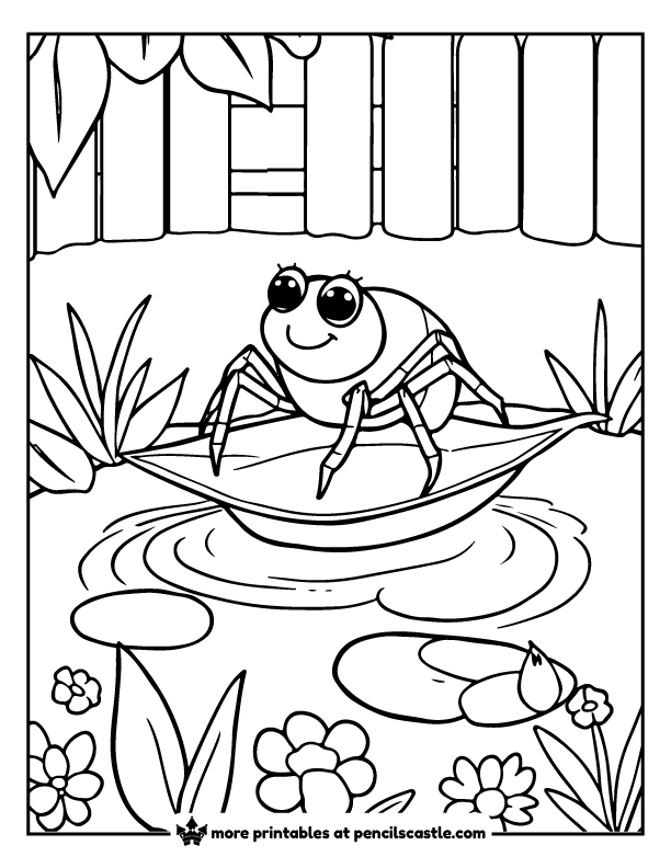 spider rides on a leaf boat in a garden puddle coloring page