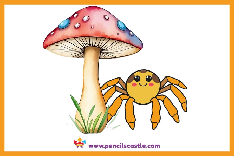 Spider drawing under a mushroom