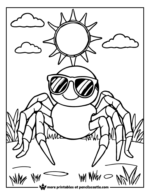 Cool spider wearing sunglasses under the sun coloring sheet