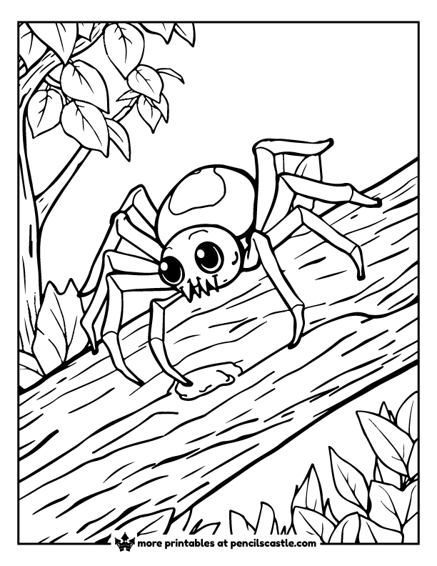 spider crawling on a tree log in the woods coloring page