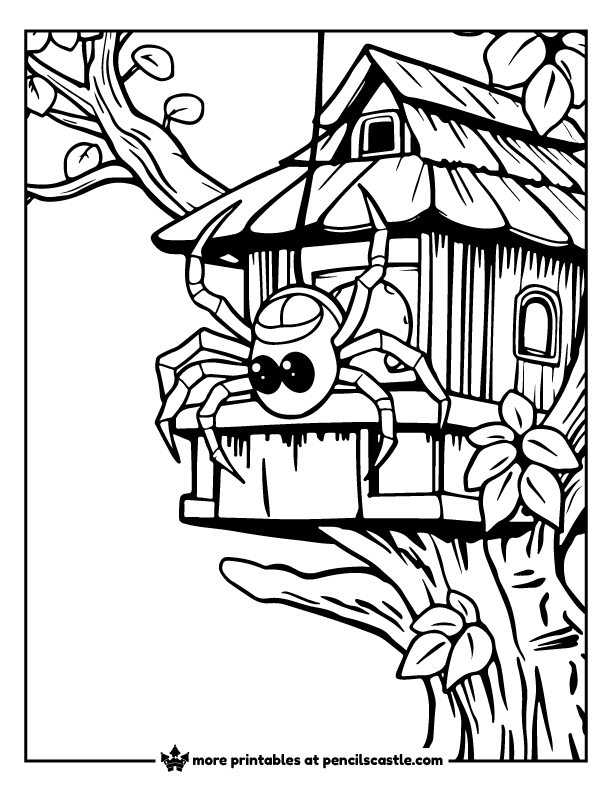 spider hangs near a treehouse coloring page