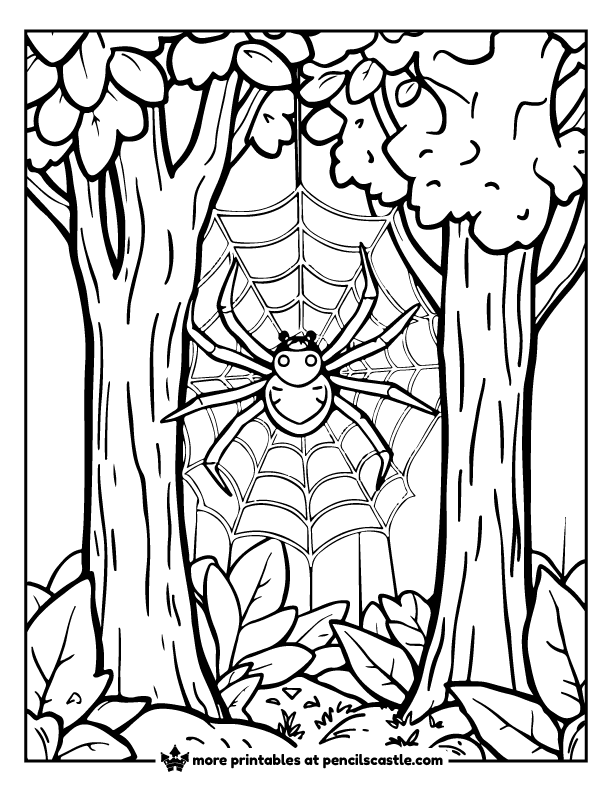 spider in its web between two forest trees coloring page