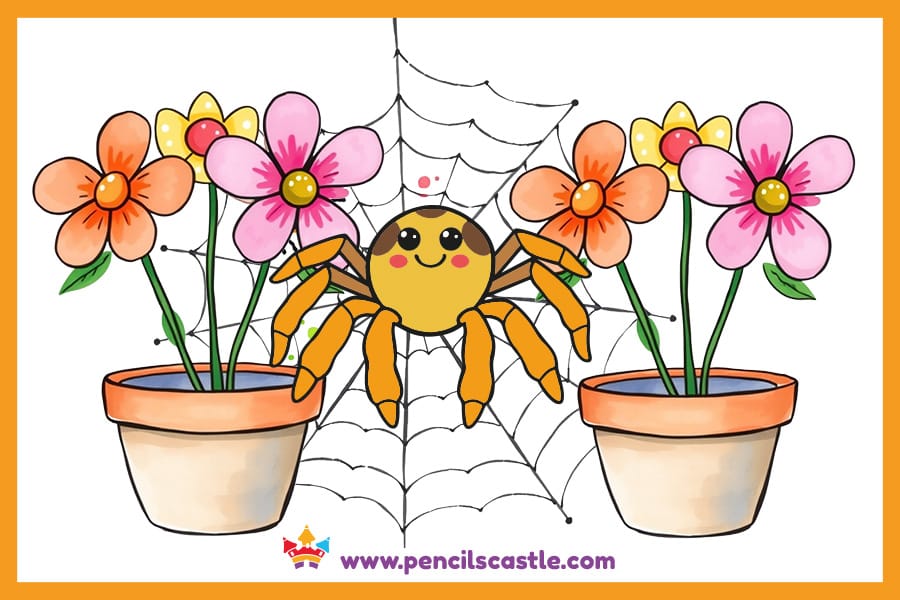 Spider drawing in its web between two flowerpots