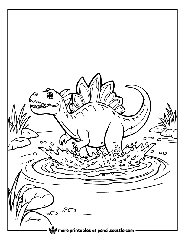 Spinosaurus splashing through a river coloring page