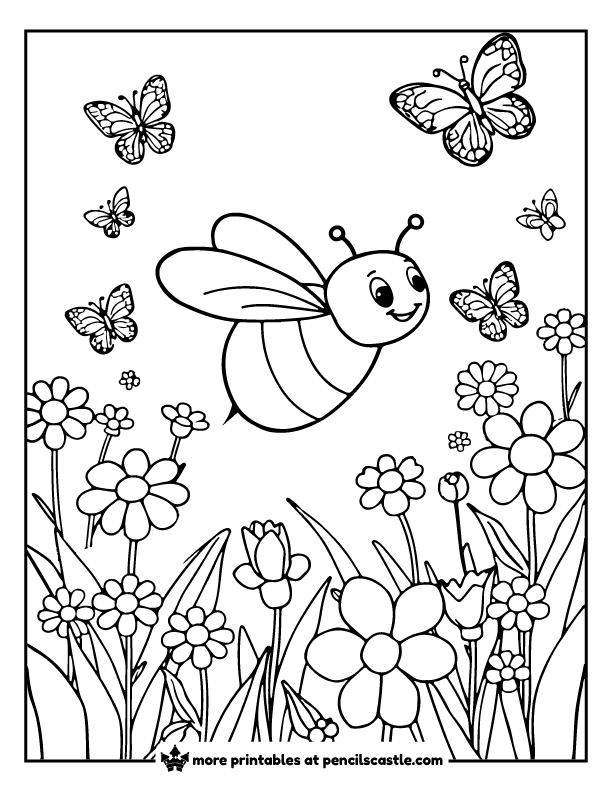 bee flying next to butterflies through a field of blooming spring flowers coloring sheet