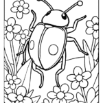 beetle surrounded by spring blossoms coloring sheet