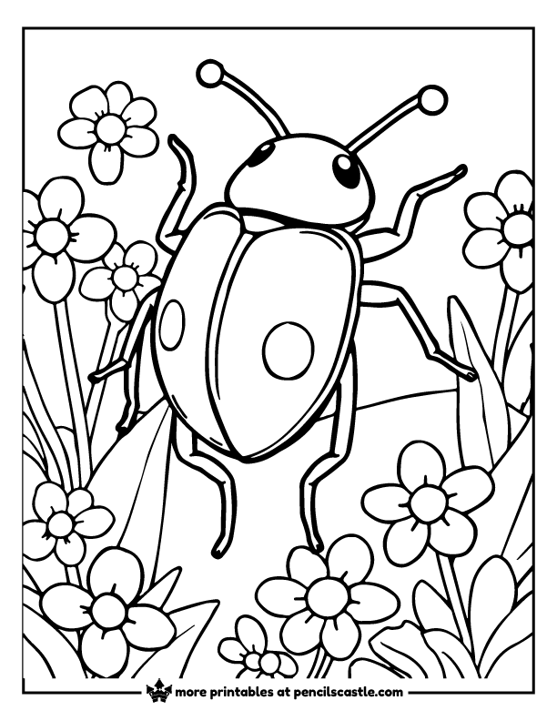 beetle surrounded by spring blossoms coloring sheet