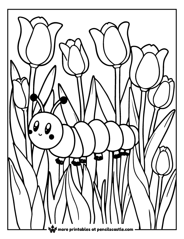Spring caterpillar surrounded by blooming tulips coloring page