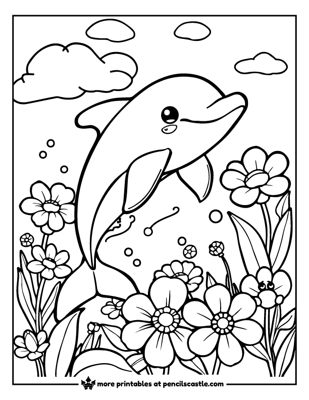 Dolphin splashing among blooming spring flowers coloring page