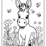 donkey standing amongst blooming flowers and bees coloring page