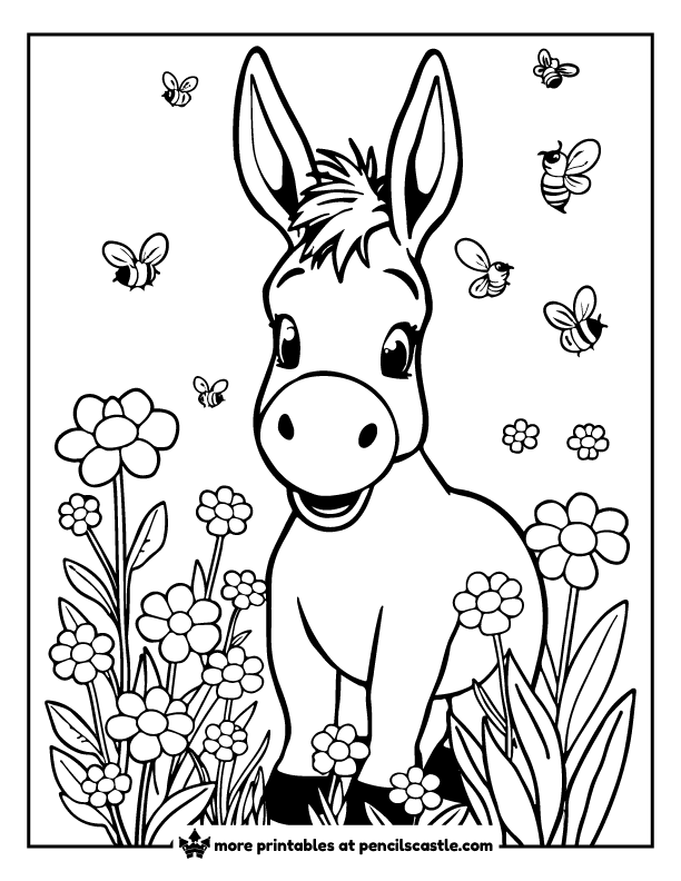 donkey standing amongst blooming flowers and bees coloring page