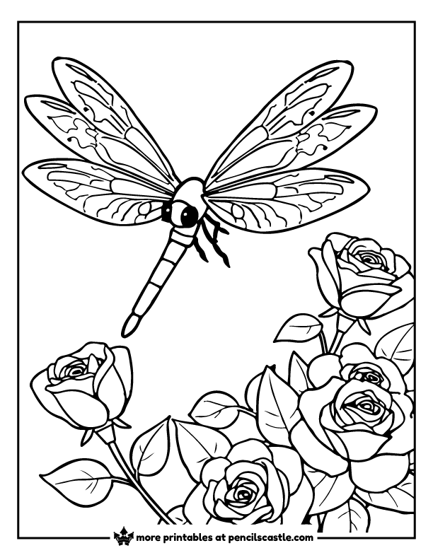 Dragonfly flying through a spring garden full of roses coloring page