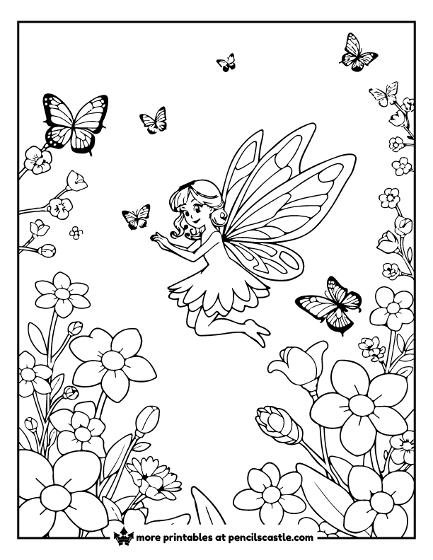 fairy flying through spring blooming flowers with butterflies coloring page