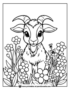 goat surrounded by blooming spring flowers coloring page