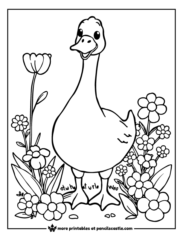 goose standing amongst flowers coloring page