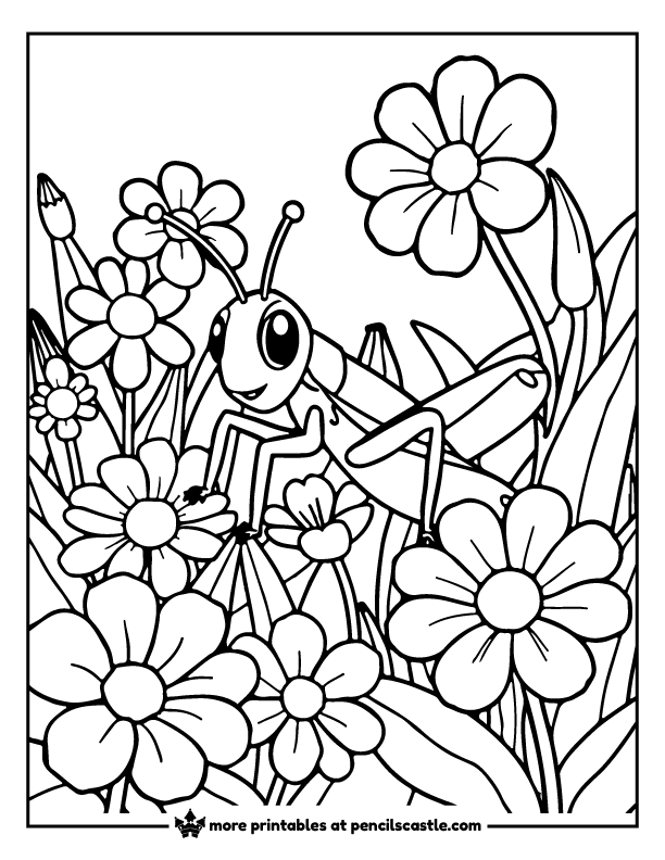 grasshopper among blooming flowers coloring page
