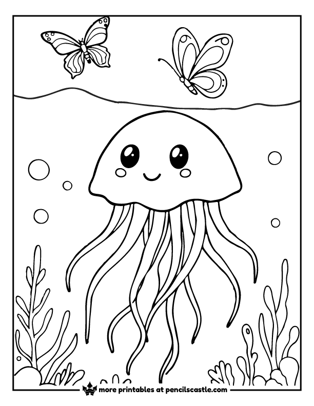 Jellyfish watching two butterflies flying above the ocean coloring page