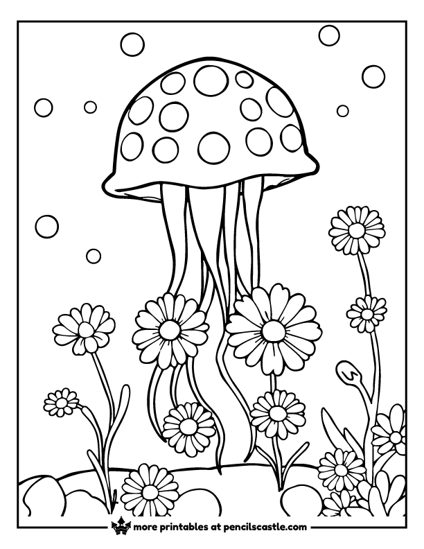 Jellyfish floating with daisies coloring page
