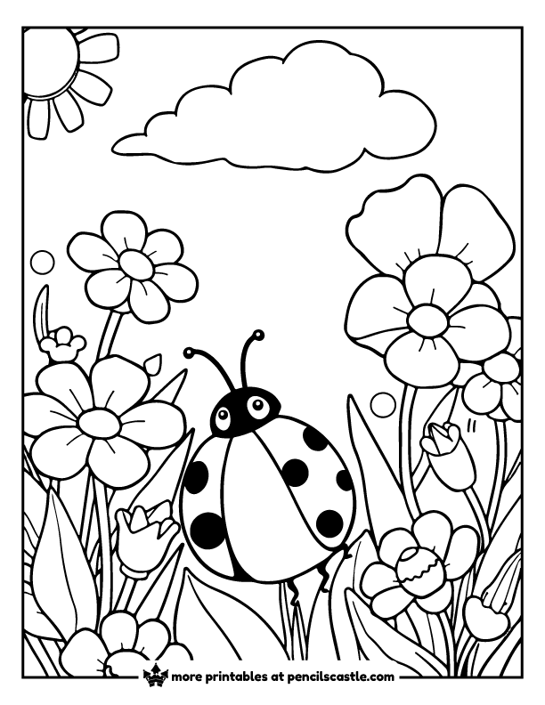 Ladybug walking through blooming spring flowers coloring page