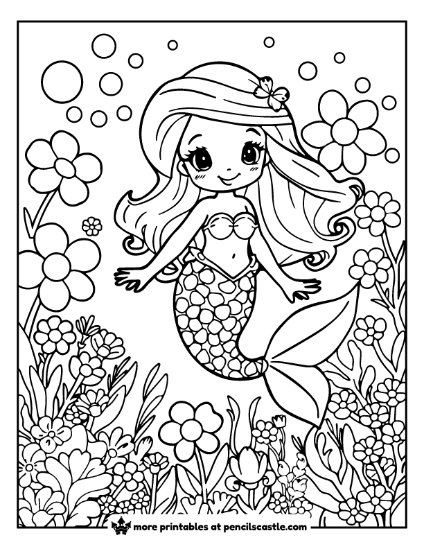 mermaid surrounded by blooming  flowers under the sea coloring page