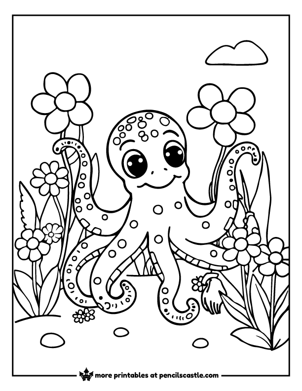 Octopus enjoying spring blooming flowers coloring page 