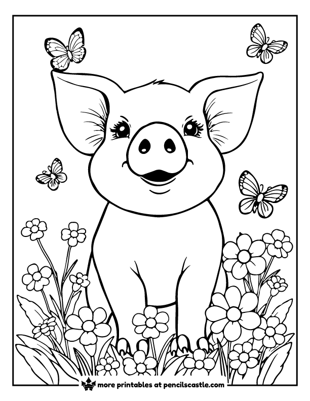 pig surrounded by blooming flowers and butterflies coloring page
