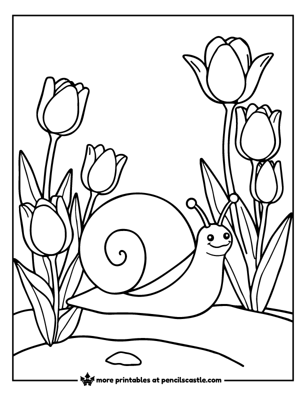 Snail surrounded by spring tulip flowers coloring page