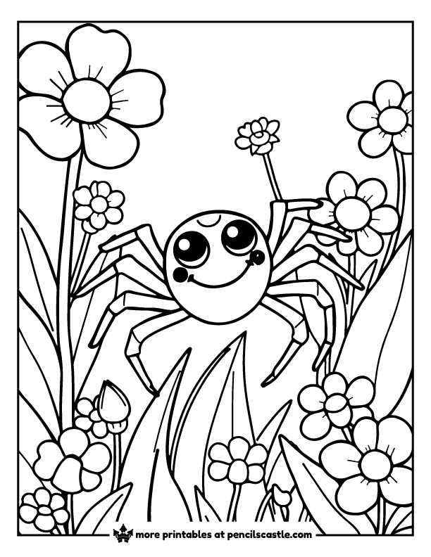 smiling spider in springtime blooming flowers coloring page