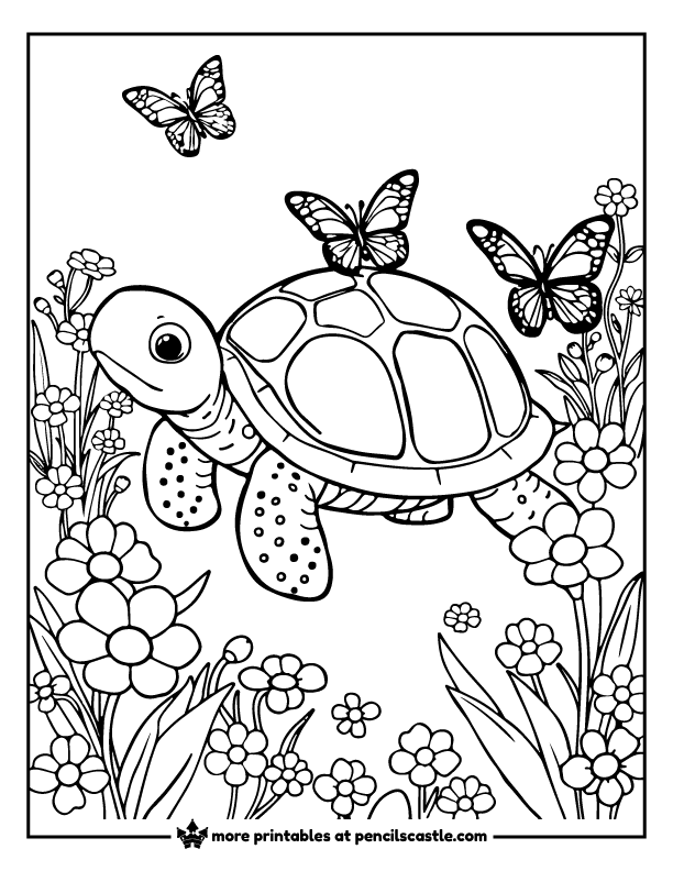 Turtle walking among blooming flowers and butterflies coloring page