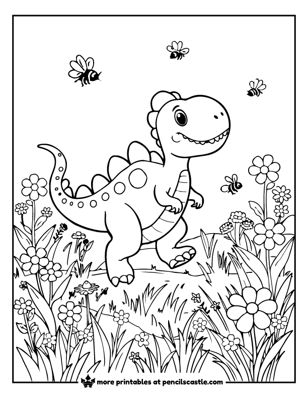 dinosaur with blooming flowers and bees coloring page