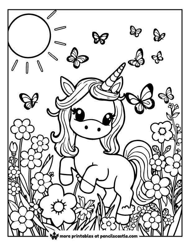 unicorn among blooming flowers, butterflies, and springtime sun coloring page