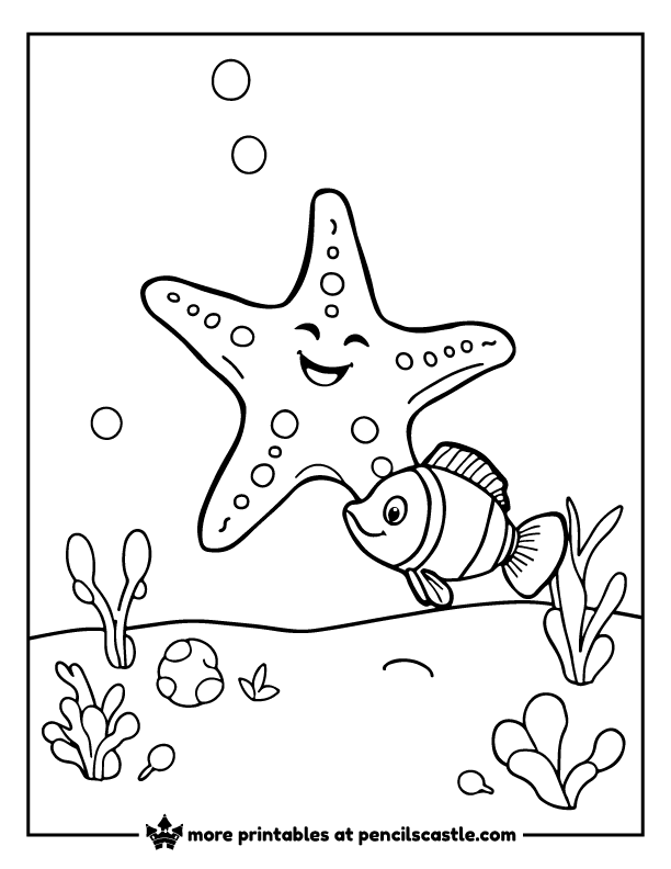 Smiling starfish playing with a clownfish under the sea coloring page