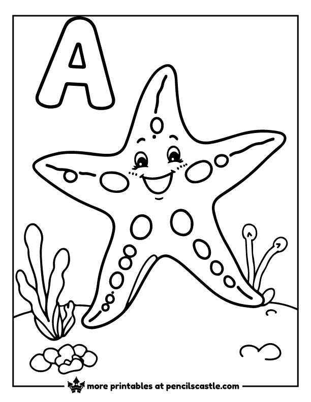 Happy starfish spreading its arms with the letter 'A' coloring page