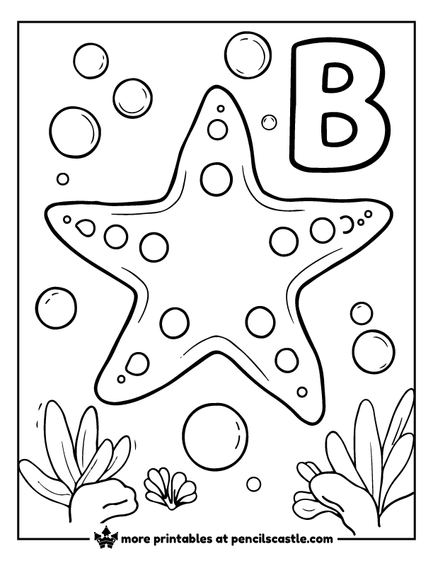 Starfish surrounded by sea bubbles with the letter 'B' coloring sheet
