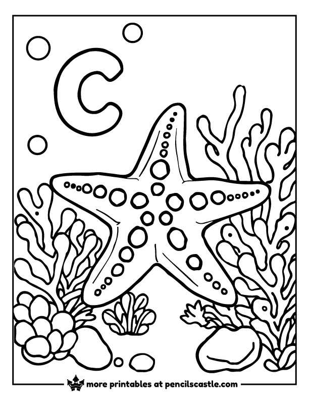 Starfish resting in a coral reef with the letter 'C' coloring page