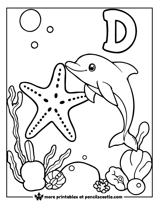 Starfish floating near a friendly dolphin with the letter 'D' coloring sheet