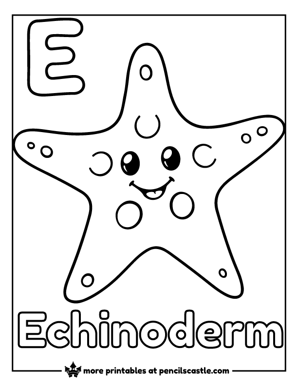 Smiling starfish with the letter 'E' and the word "Echinoderm" coloring page