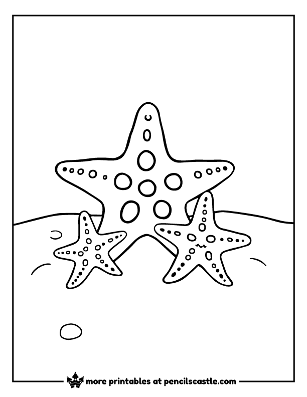 Starfish family—one big and two small—on the sand coloring sheet