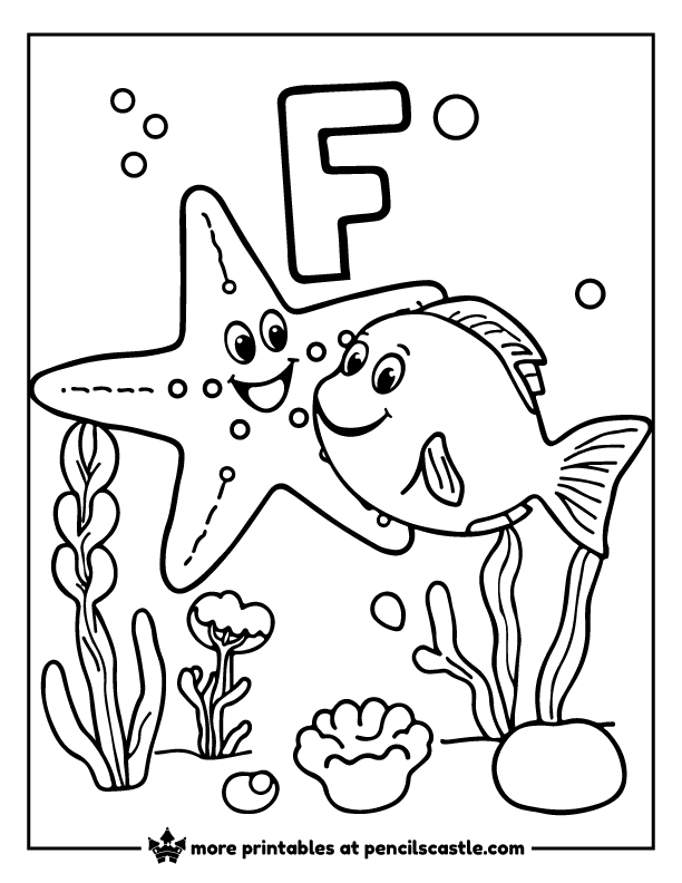Cute starfish floating next to a smiling fish with the letter 'F' coloring sheet