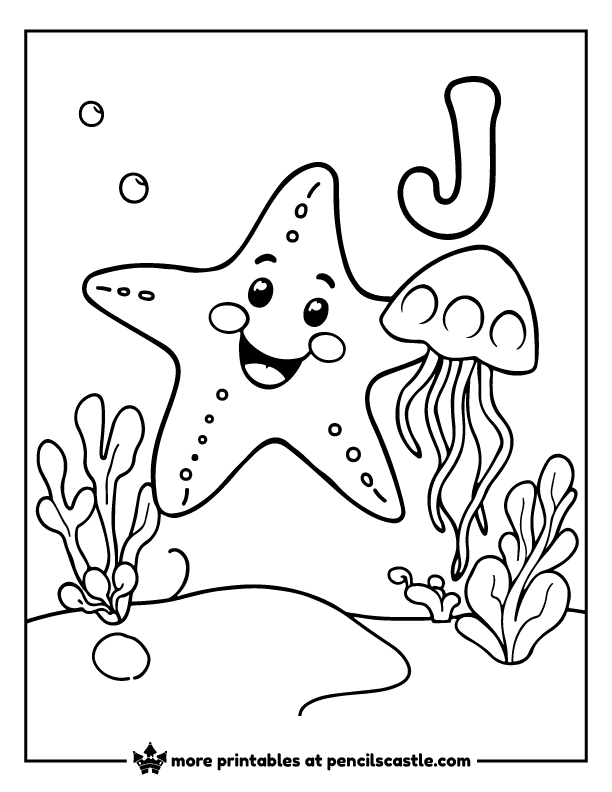 Starfish floating next to a jellyfish with the letter 'J' coloring sheet