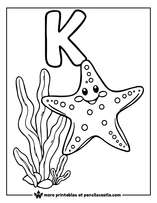 Smiling starfish near kelp with the letter 'K' coloring page