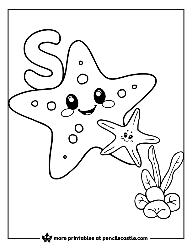 Two smiling starfish with the letter 'S' coloring page